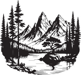 A cold winter forest landscape features snow-covered pine trees by a lake and nestled in the mountains