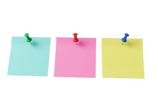 Three blank square sticky notes (pink, cyan, yellow) with colored pushpins (green, red, blue) arranged horizontally, slightly askew, on a transparent background with copy space, soft studio lighting,