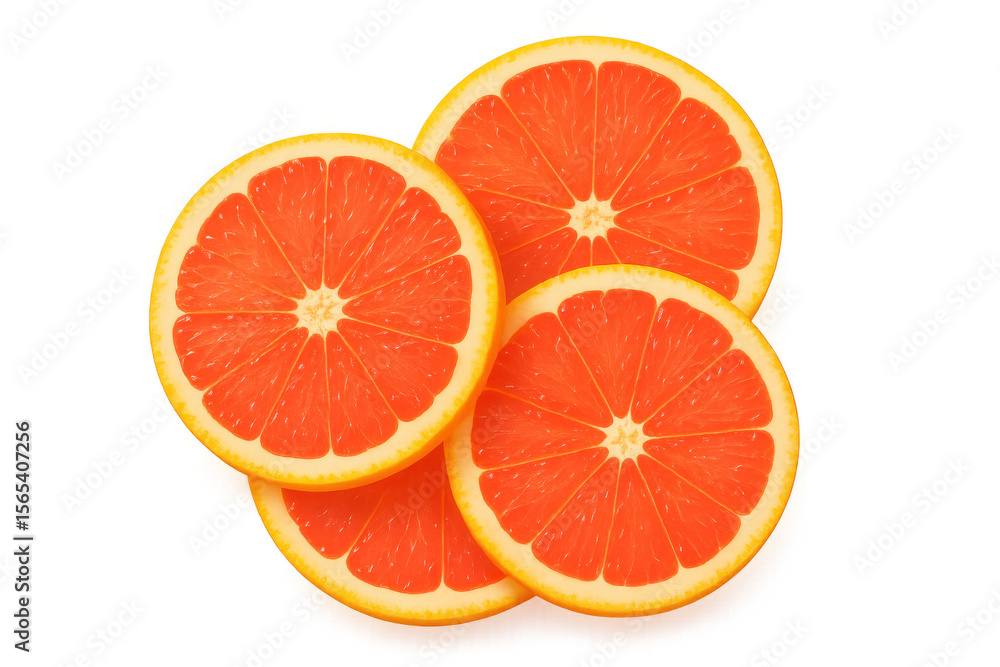 Poster grapefruit slices layering, revealing translucent ruby-colored citrus segments against pristine whit