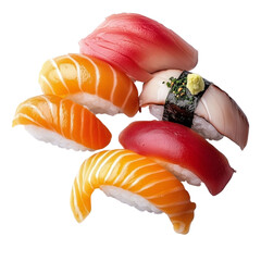 Assorted Sushi Nigiri Set Isolated on Transparent Background – PNG Cutout with Salmon, Tuna, and Mackerel Pieces