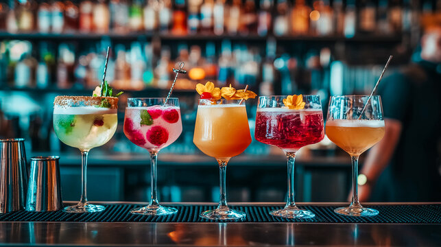 A set of stylish cocktails stands ready on a bar, inviting guests for a night out. Modern cocktails arranged on a bar, creating an inviting and visually appealing scene for celebration, leisure party.