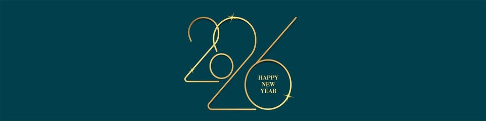 Elegant New Year banner with the number 2026 made of thin golden lines on Transformative Teal background. Perfect for greeting cards, social media, holiday ads, and festive visuals.
