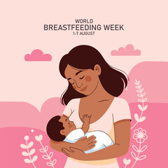 World Breastfeeding Week banner with Mom Breastfeeding baby on pink background vector design