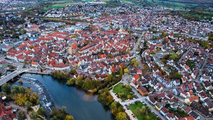 Aerial view of the old town of the city Nürtingen
 in Germany on a sunny afternoon in autumn