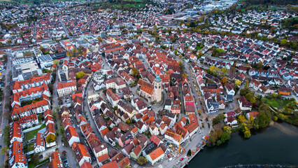 Aerial view of the old town of the city Nürtingen
 in Germany on a sunny afternoon in autumn