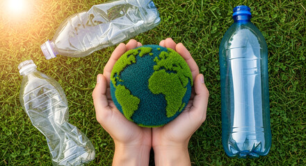 Plastic Pollution Crisis: Hands Protecting Earth from Discarded Plastic Waste
