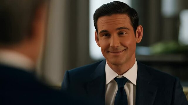 A white man in a suit smiling while speaking during a business meeting in a corporate setting - professional business communication - concept of successful interaction and confidence