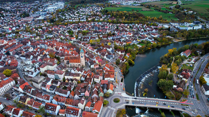 Aerial view of the old town of the city Nürtingen
 in Germany on a sunny afternoon in autumn