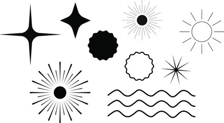 minimalist sunburst and starburst vector shapes | boho celestial clipart | hand-drawn wavy lines, retro sunshine icons for digital design and wall art