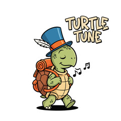 Cute Cartoon Turtle Character Wearing Hat and Backpack Illustration