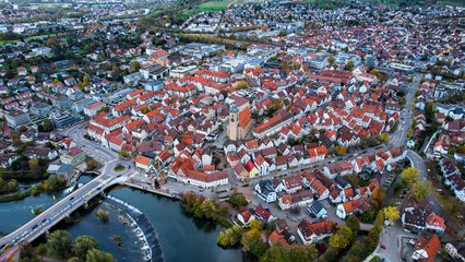 Aerial view of the old town of the city Nürtingen
 in Germany on a sunny afternoon in autumn