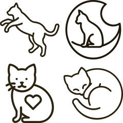 Collection of four cute cat line art illustrations in different poses