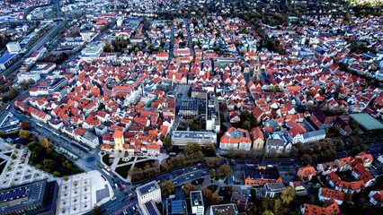 Aerial view of the old town of the city Reutlingen
 in Germany on a sunny afternoon in autumn
