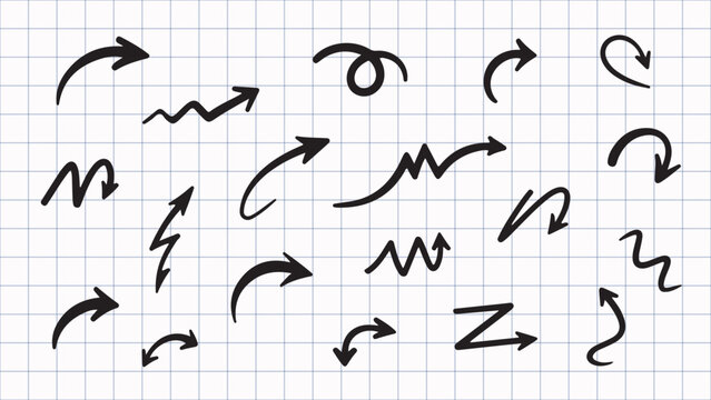 Set of Hand-Drawn Doodle Arrows on Grid Background