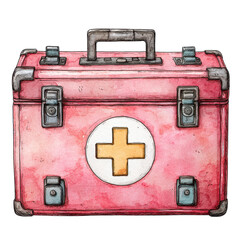 Vintage First Aid Box: A classic watercolor rendering of a first aid box, the image evokes a sense of safety and preparedness. Perfect for medical content.