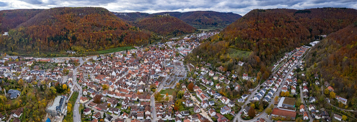 Aerial view of the old town of the city Bad Urach in Germany on a sunny afternoon in autumn