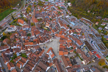 Aerial view of the old town of the city Bad Urach in Germany on a sunny afternoon in autumn