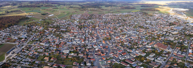 Aerial view of the old town of the city Laichingen
 in Germany on a sunny afternoon in autumn