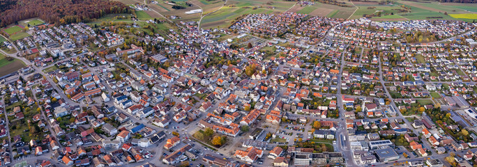 Aerial view of the old town of the city Laichingen
 in Germany on a sunny afternoon in autumn