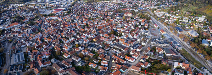 Aerial view of the old town of the city Metzingen
 in Germany on a sunny afternoon in autumn