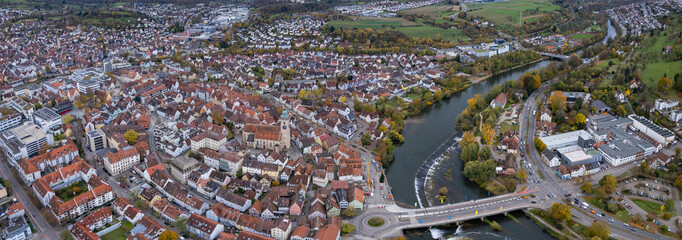Aerial view of the old town of the city Nürtingen
 in Germany on a sunny afternoon in autumn