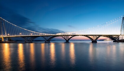 Fototapeta premium illuminated bridge over water at dusk with arched support structure
