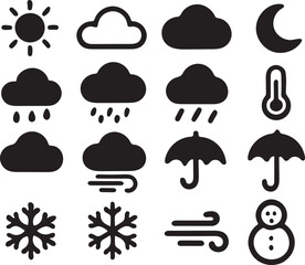 Collection of weather icons in a simple black silhouette style
