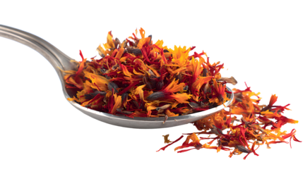 Safflower petals in a spoon isolated on a white background