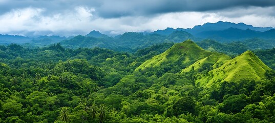 Fototapeta premium A tranquil view of forest-covered hills under soft light with mist rolling over the trees