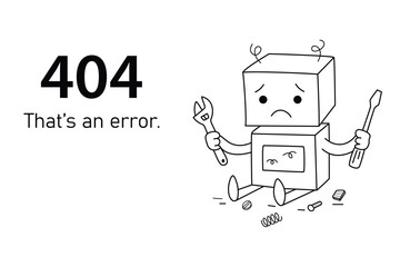 404  error page, broken robot isolated in white background