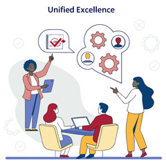 Team Collaboration and Innovation – Diverse Office Meeting Vector Illustration with Strategy Icons