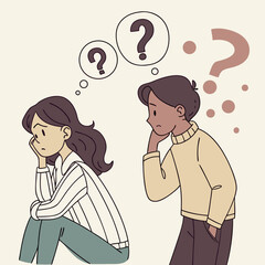 Worried Couple Illustration – Confused Man and Woman with Question Marks Vector