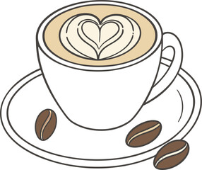Cartoonish depiction of a cup of coffee with latte art, specifically a heart design, on top. The cup is white and sits on a matching saucer. Three coffee beans are scattered on the saucer next cup .