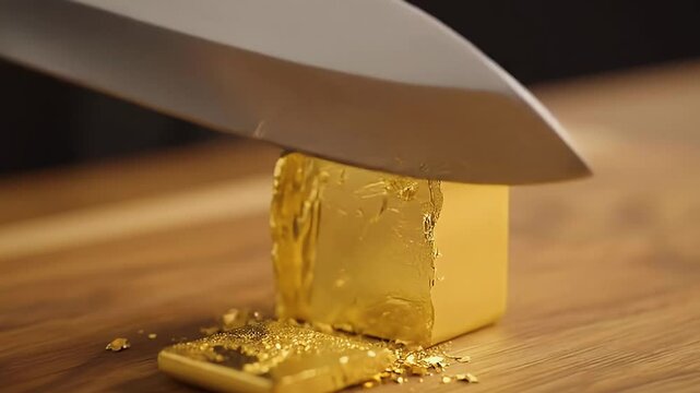 ASMR video of a knife cutting a golden cube into slices