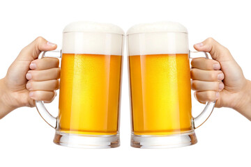 Two hands holding frothy beer mugs cheersing each other over white background