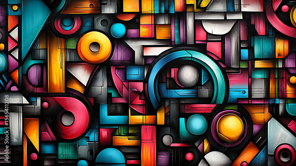 Poster a colorful abstract painting with many different shapes and sizes