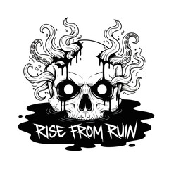 Grunge Handdrawn Skull Rise From Ruin Illustration Drawing Graphic Element