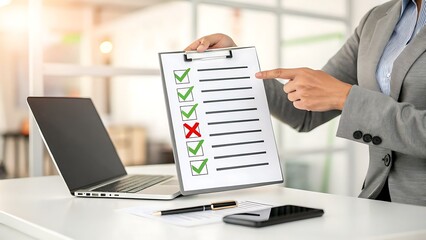 A businesswoman points to a clipboard with a checklist, showing completed tasks in an office setting