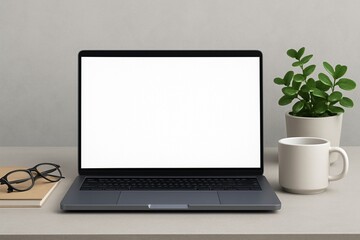 Fototapeta premium Mockup Blank Screen Laptop on Minimalist Desk with Plant and Mug