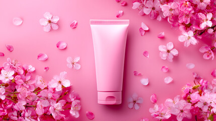 A pink cosmetic tube is surrounded by delicate pink cherry blossoms and scattered petals on a soft pink background