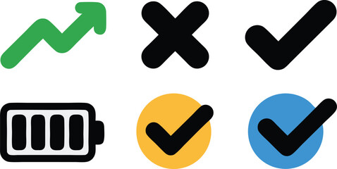 Colorful of Arrow, Cross, Check Marks, and Battery on a White Background