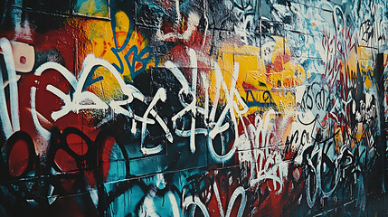 Fototapeta premium A wall covered in graffiti with a variety of colors and shapes