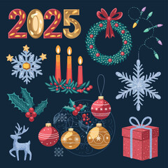 vector Happy New Year Celebrating 2025 in Latin letters , Christmas Decoration Items Santa Claus