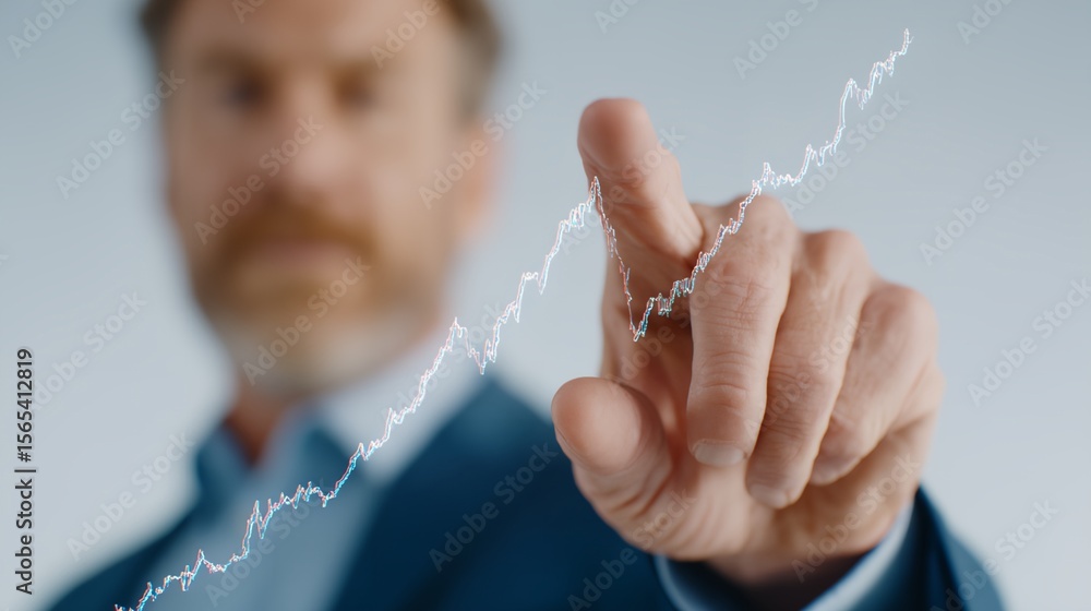 Poster man pointing at a graph with a red line.
