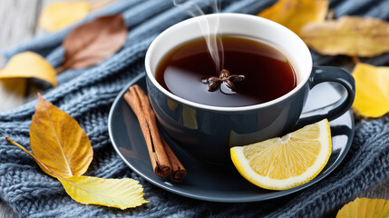 Hot black tea with star anise in dark cup with lemon slice and cinnamon sticks on autumn leaves and knitted fabric. Cozy fall concept.