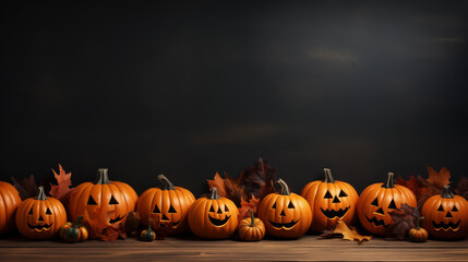 Halloween pumpkins with carved faces arranged on wooden table with autumn leaves. Festive and spooky seasonal decoration. Jack-o'-lanterns.