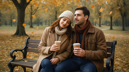 Couple sitting on park bench in autumn, holding takeaway coffee cups, wearing warm coats, enjoying romantic fall atmosphere together.