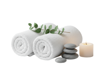 Two plush, perfectly rolled white spa towels with a green eucalyptus leaf, stacked grey pebbles, and a warm flickering tea light, precisely arranged on a pure transparent studio backdrop with