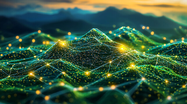 A mountain range is shown in a green and yellow color scheme