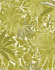 Naklejka premium Tropical beige, green palm leaves seamless pattern. Exotic jungle wallpaper.